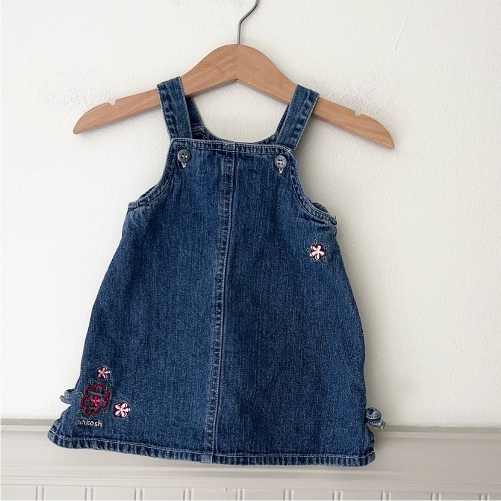 OshKosh B’gosh Baby Denim Floral Embroidered Jumper Dress 12 Months Blue Jean